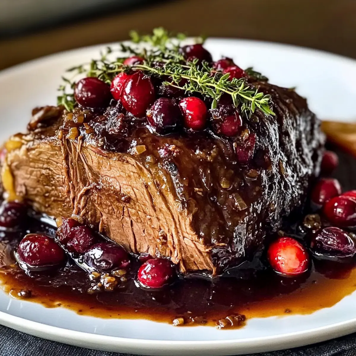 Langsam geschmorter Rinderbraten mit Cranberry-Balsamico-Glasur