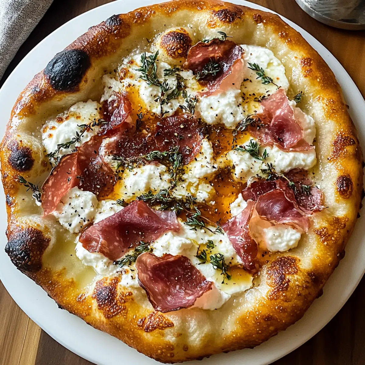 Weiße Pizza mit Rinderschinken und scharfem Honig