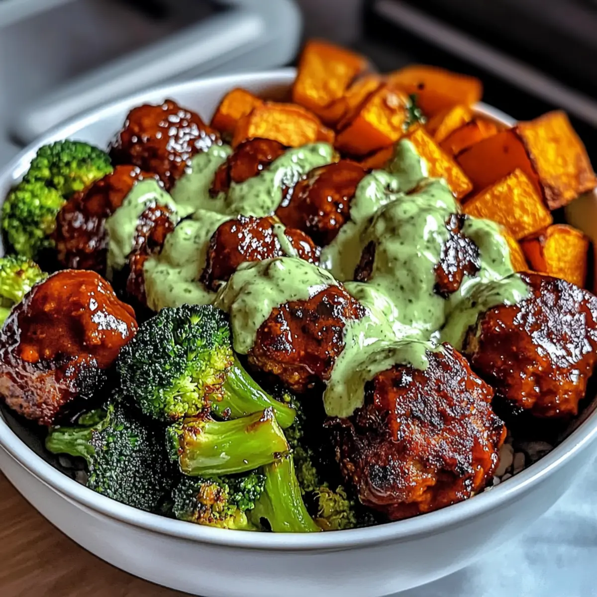 Barbecue Fleischbällchen Schalen mit Avocado Sauce