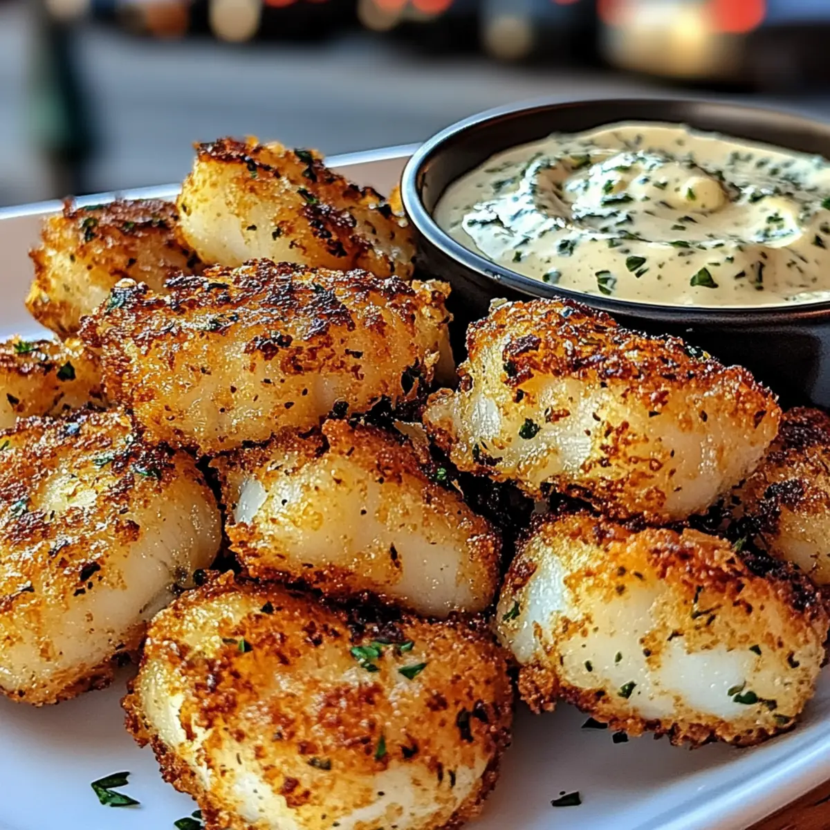Knusprige Knoblauch-Dorschbissen mit Dip zaubern