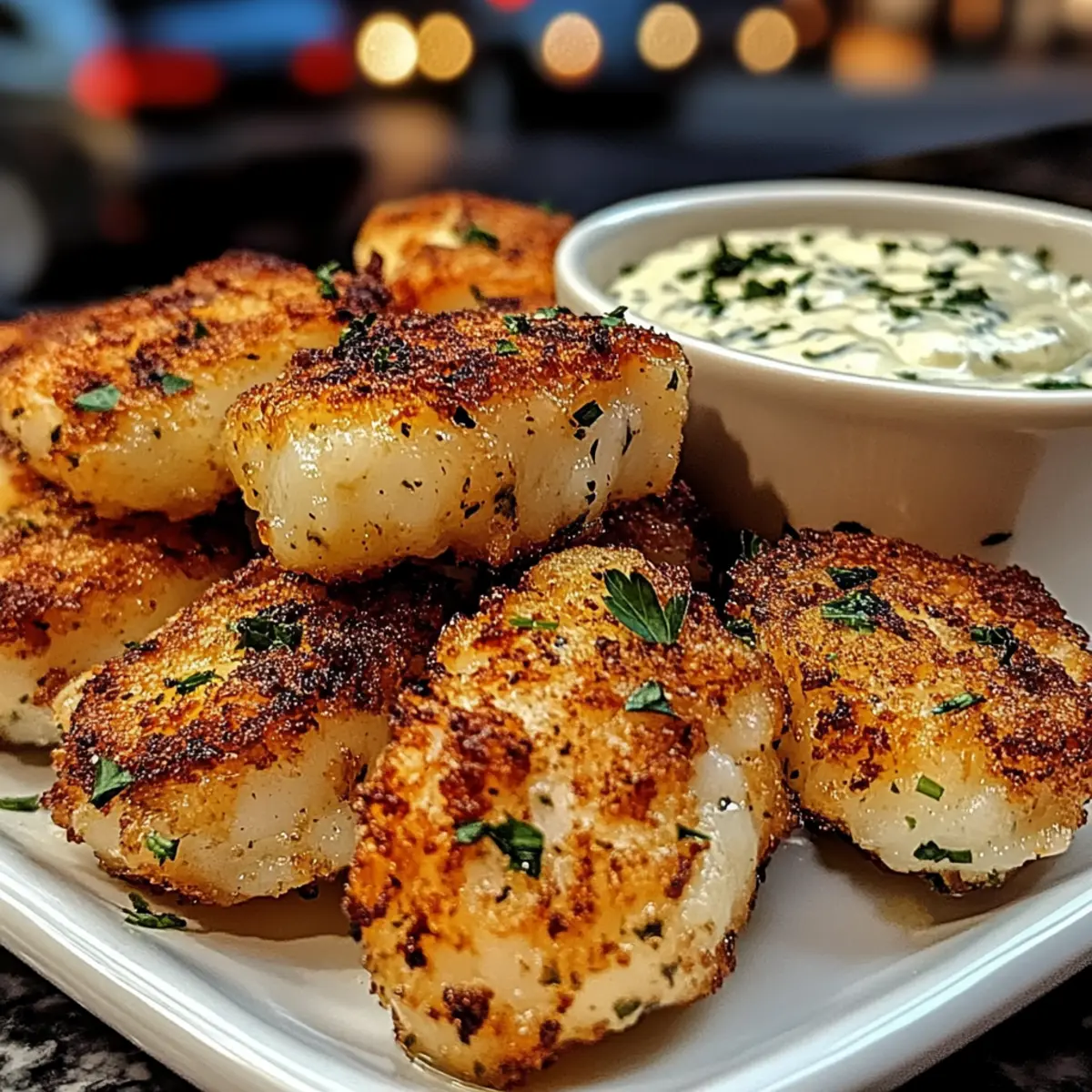 Krosse Knoblauch-Kabeljau-Bissen mit Dip