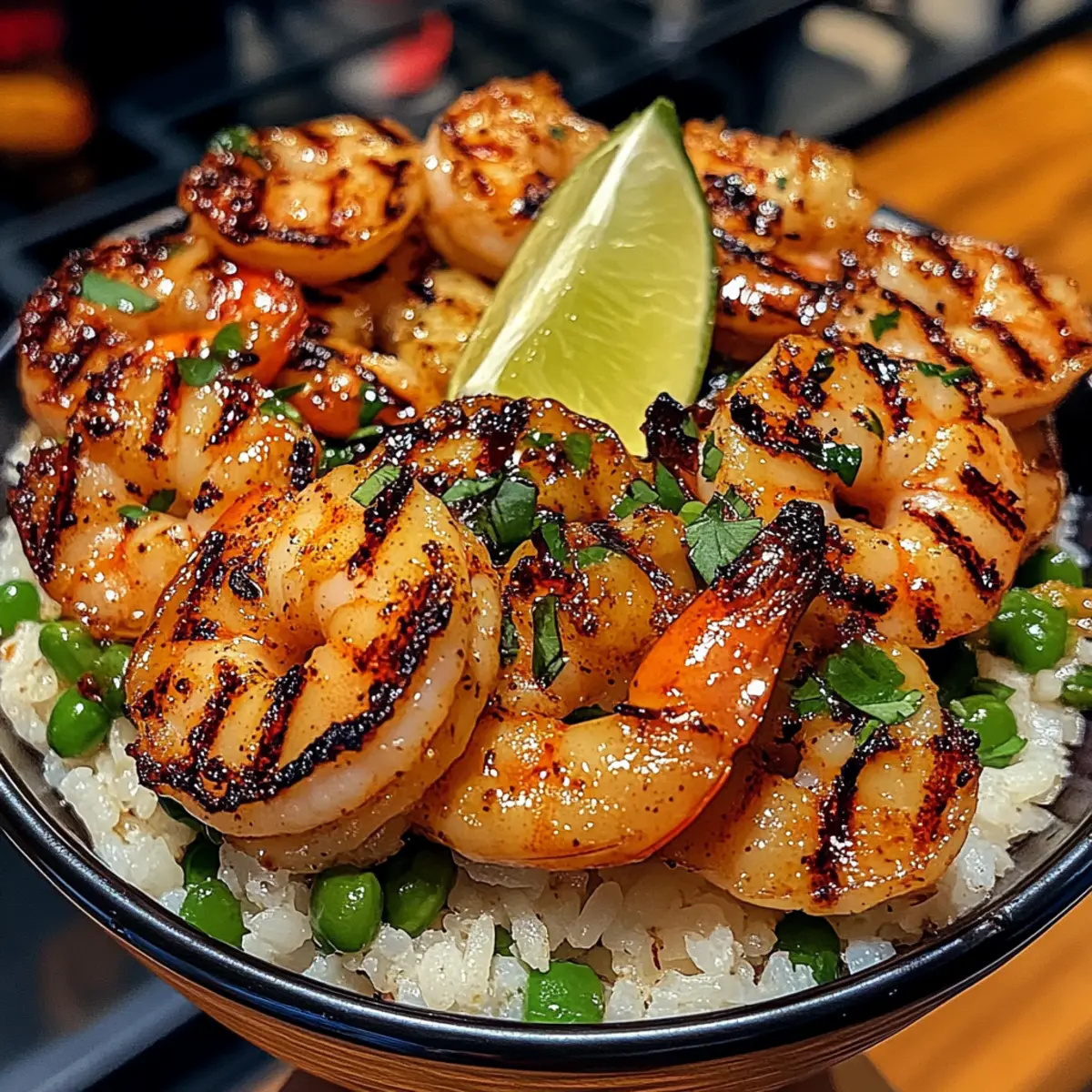 Gegrillte Garnelen-Reisbowl mit süßem Chili-Limetten-Dip