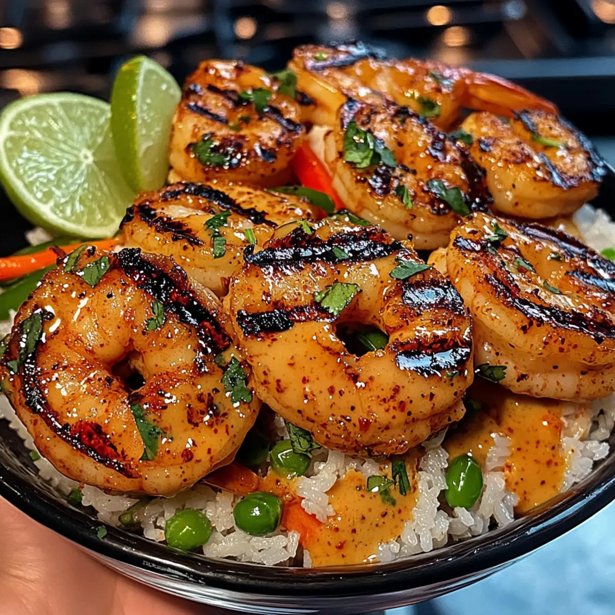 Gegrillte Garnelen Reisschalen mit süß-chili Limetten Sauce