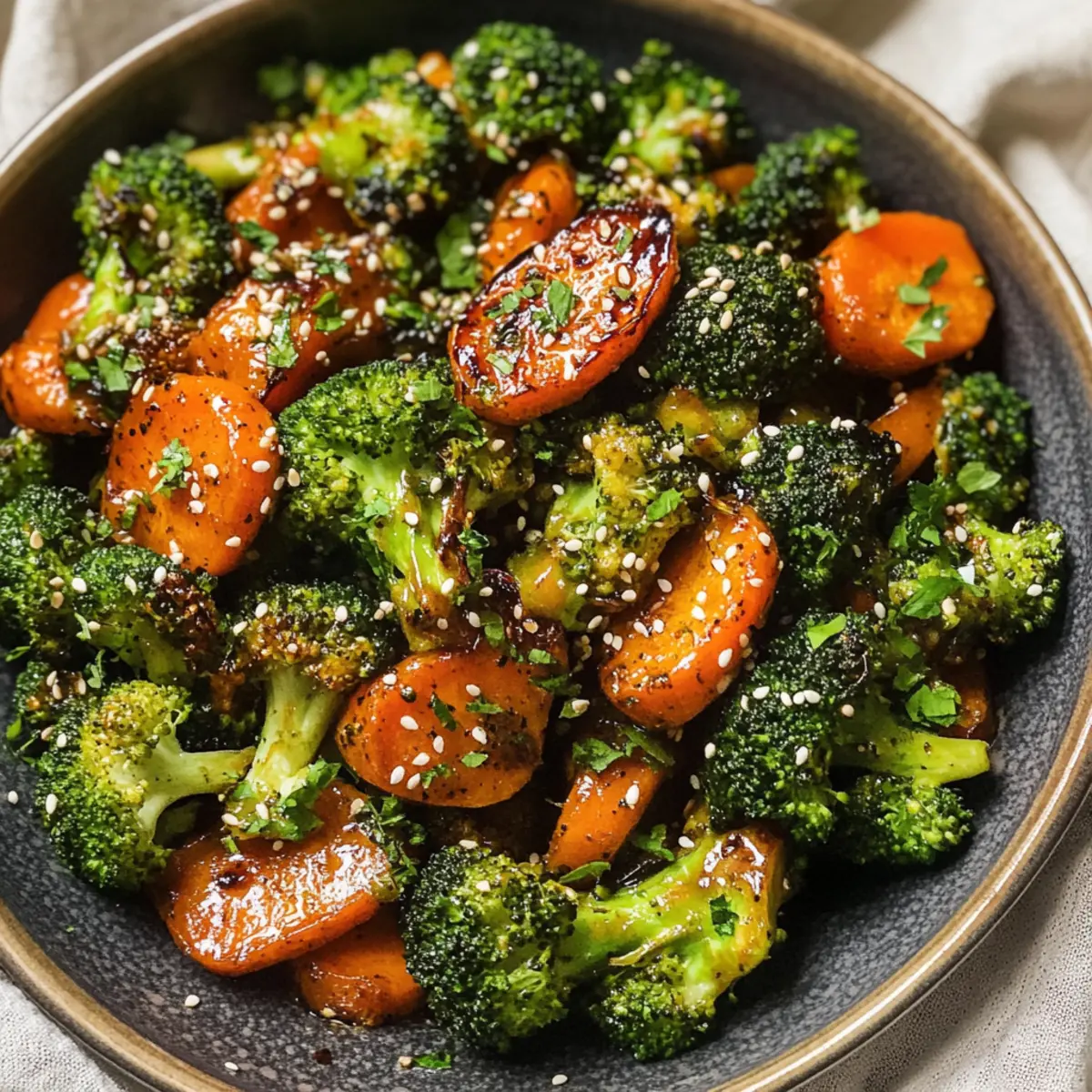 Gerösteter Brokkoli und Karotten im asiatischen Stil