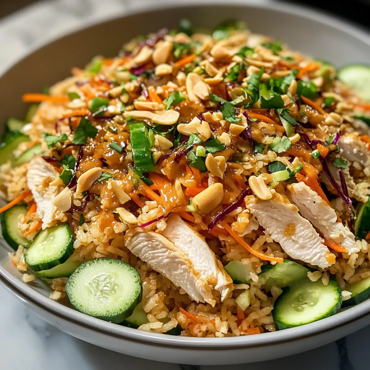 Bester knuspriger Reissalat mit Hähnchen und Erdnuss