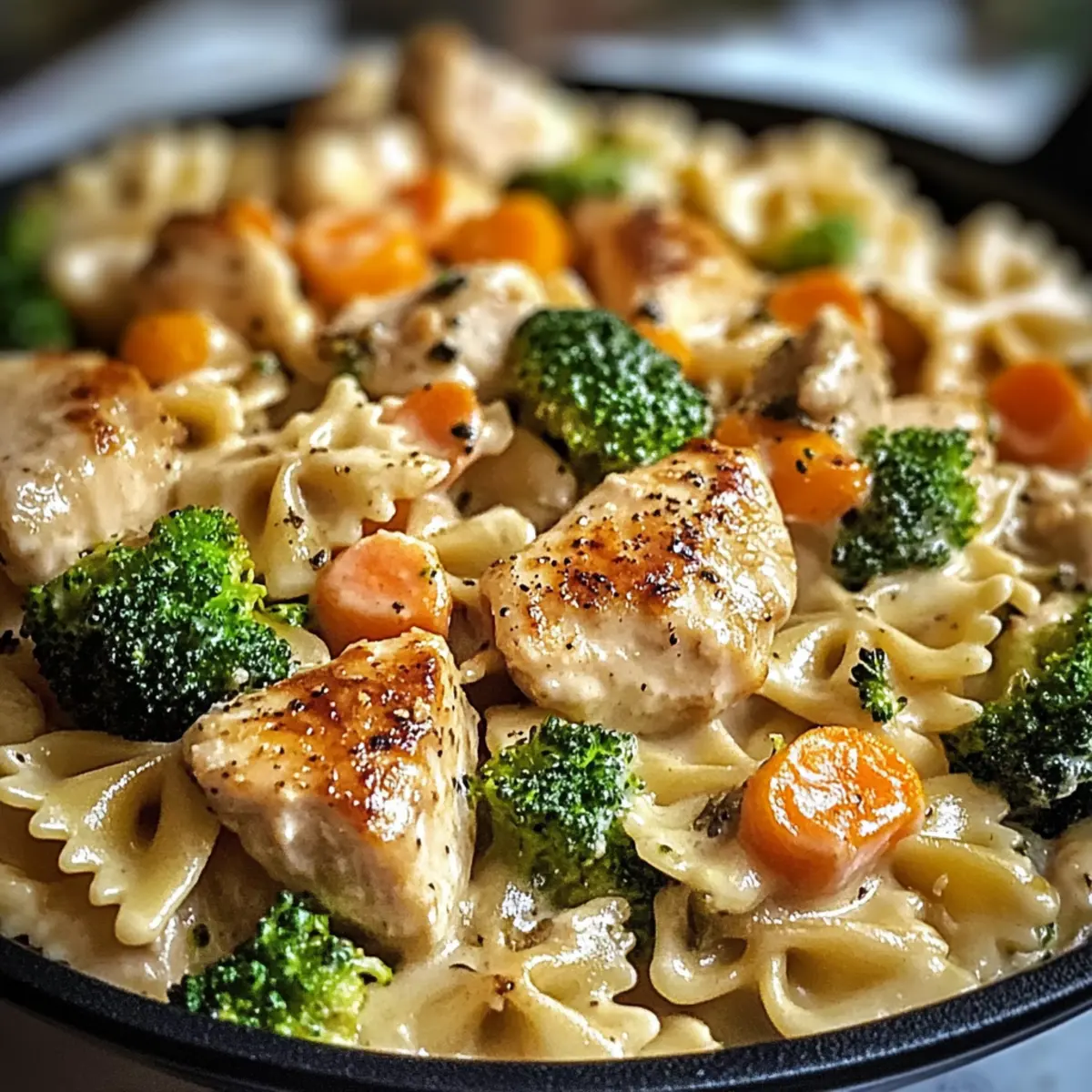 Cremige Cheddar- und Havarti-Hühnchen-Pasta mit Gemüsen