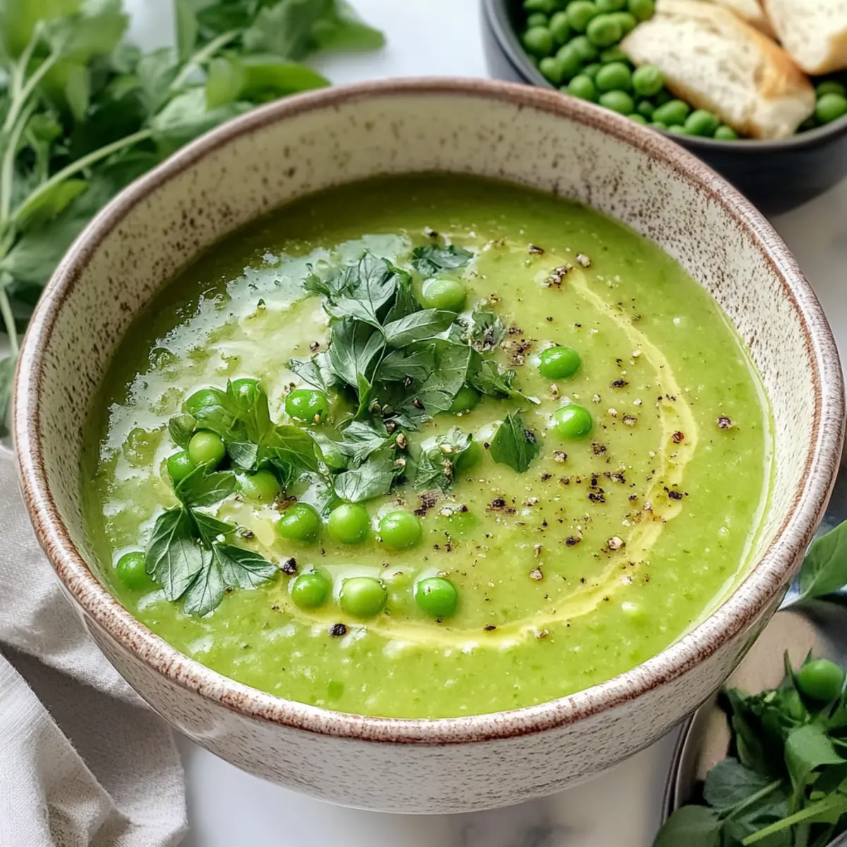 Frische Erbsensuppe mit frischen Kräutern