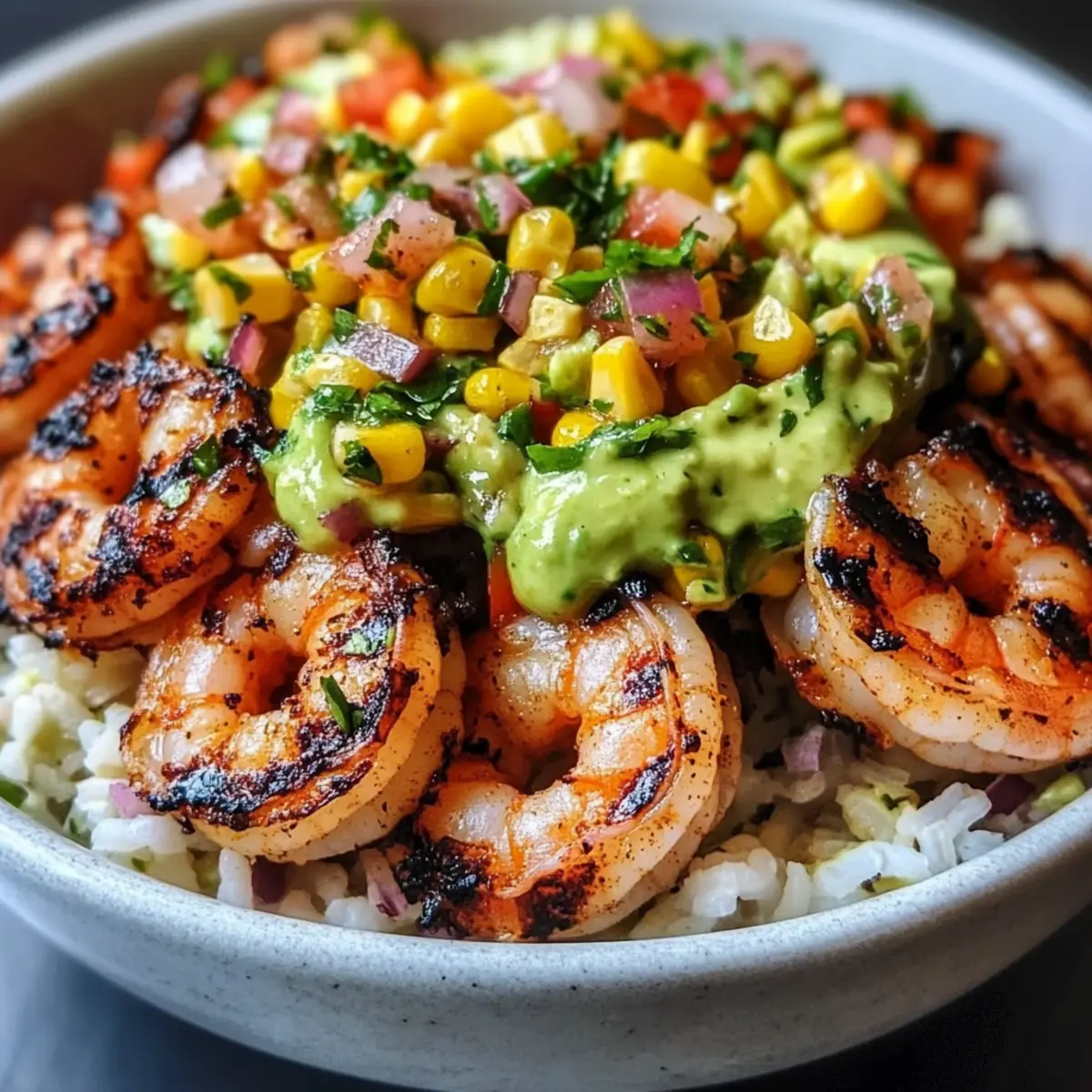 Gegrillte Garnelen-Schüssel mit Avocado-Mais-Salsa