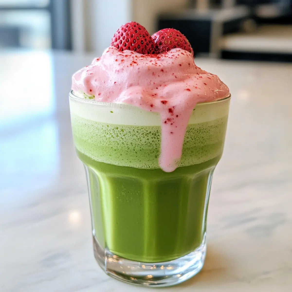 Eisige Matcha-Latte mit Erdbeer-Kalt-Schaum