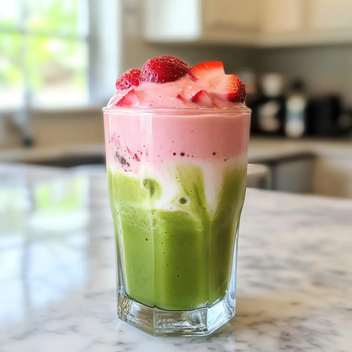 Eiskalter Matcha-Latte mit Erdbeer-Kalte-Schaum