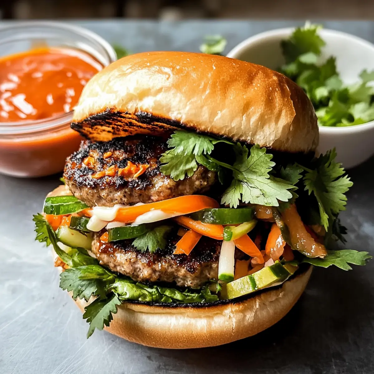 Schweine-Banh-Mi-Burger mit Sriracha-Mayo genießen