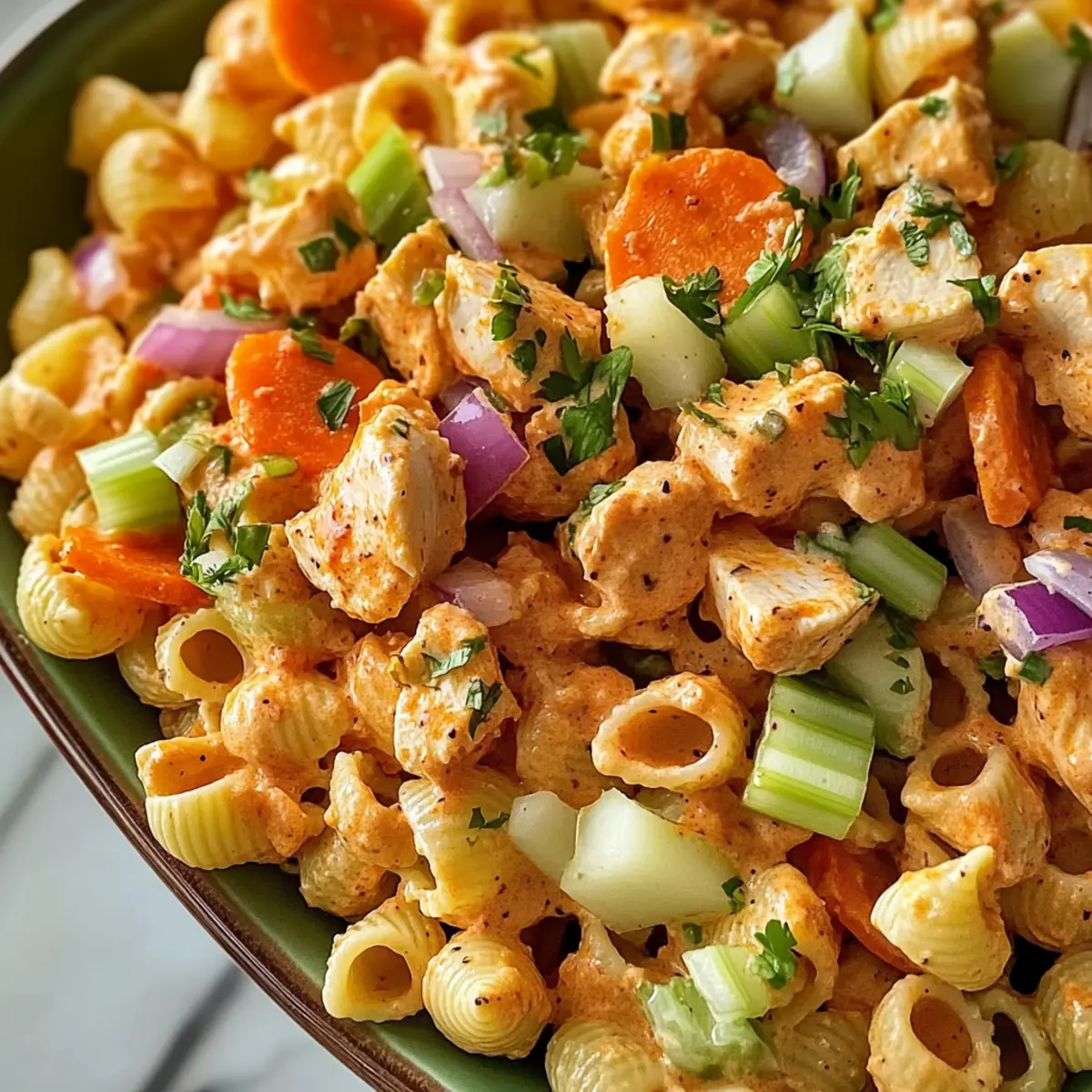 Scharfer proteinreicher Buffalo-Pasta-Salat sofort genießen