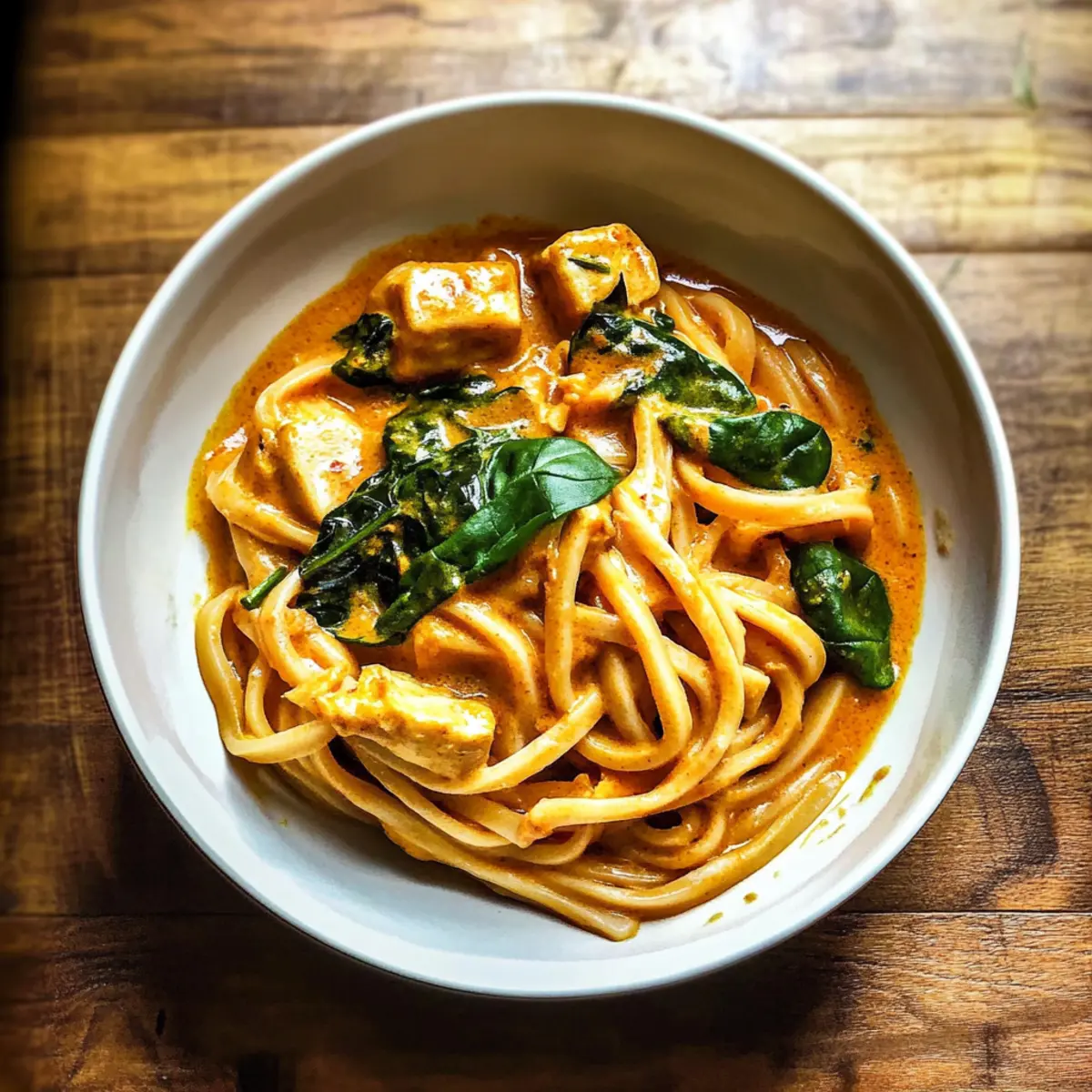 Cremige thailändische rote Curry Udon-Nudeln schnell zubereiten