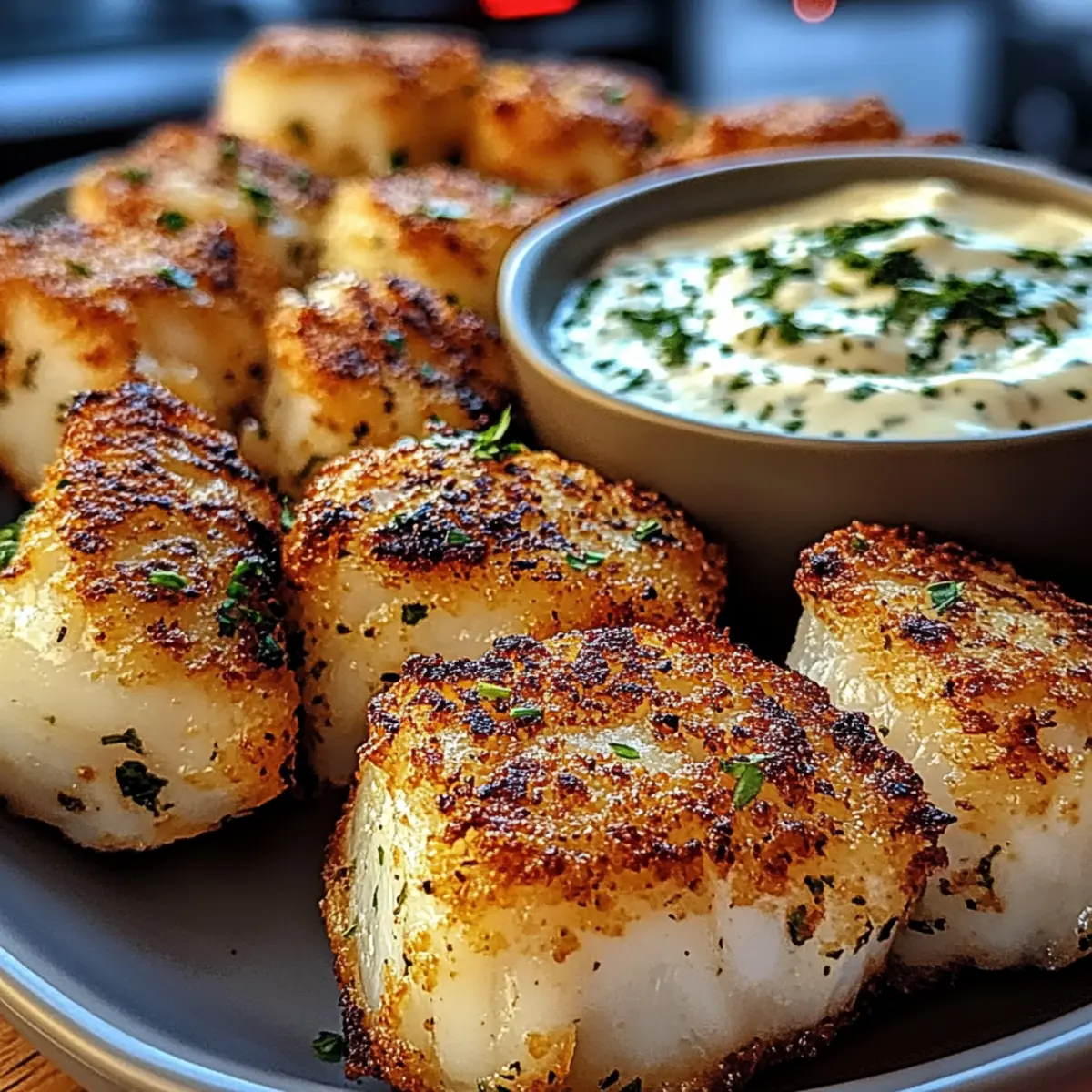 Knusprige Knoblauch-Kabeljau-Bissen mit Dip