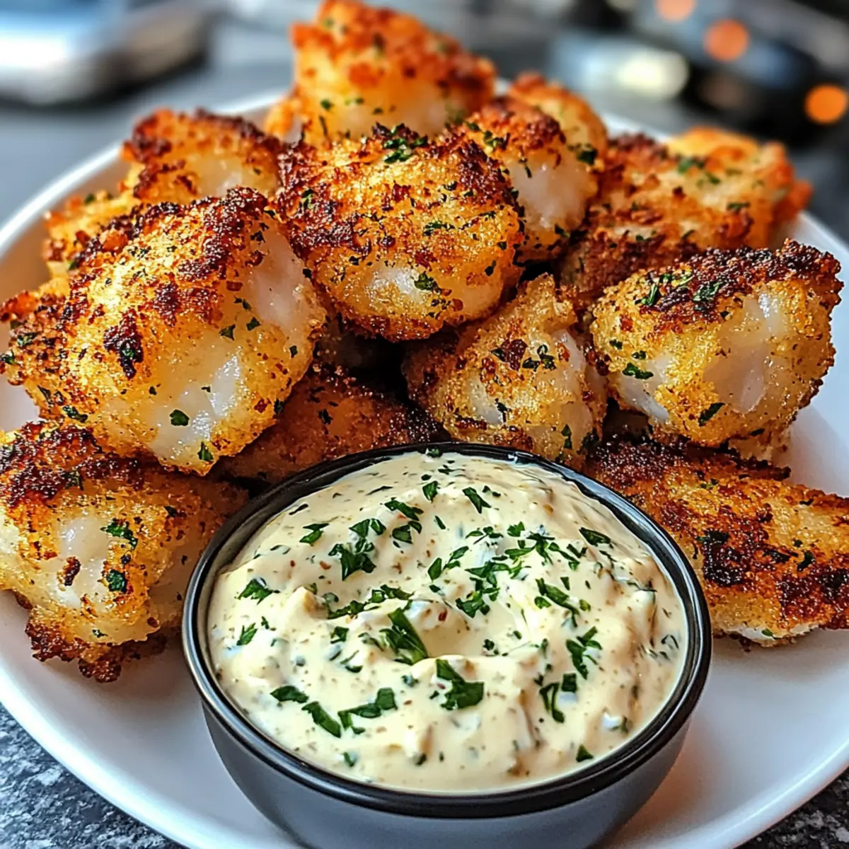 Knusprige Knoblauch-Kabeljau-Bissen mit Dip
