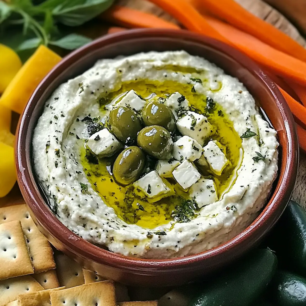 Grüner Oliven- und Feta-Käse-Dip ganz einfach machen