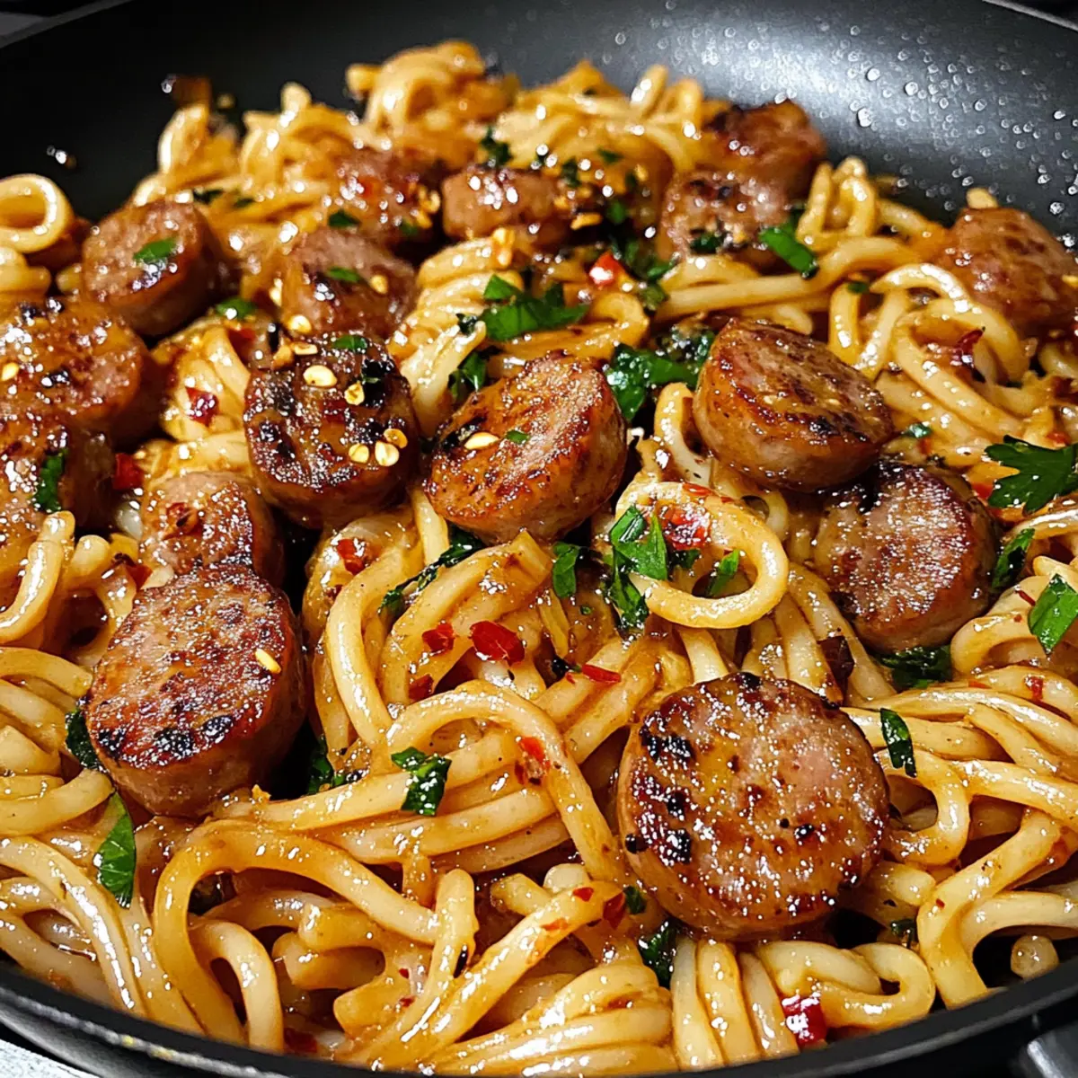 Honig Knoblauch Wurst Pasta Pfanne für Eilige