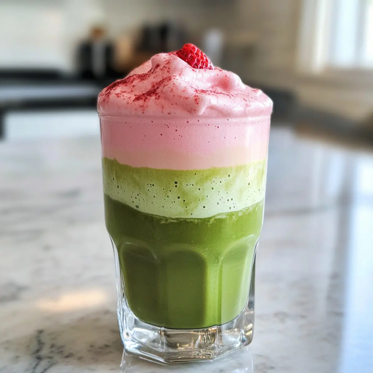 Eisgekühlter Matcha-Latte mit Erdbeerschaum