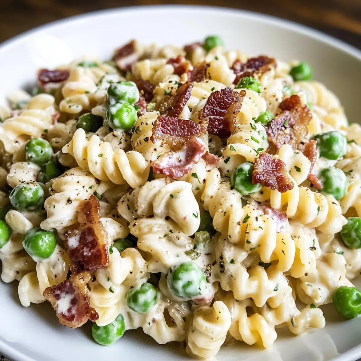 Pasta-Salat mit Speck und Erbsen für den Sommer