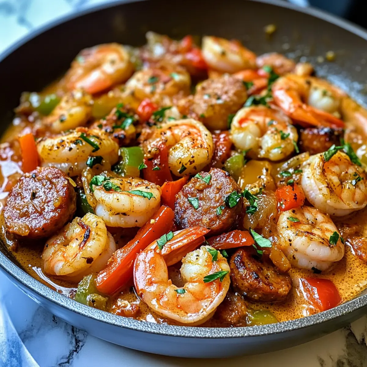 Würzige Keto-Garnelen- und Wurstpfanne in 30 Minuten