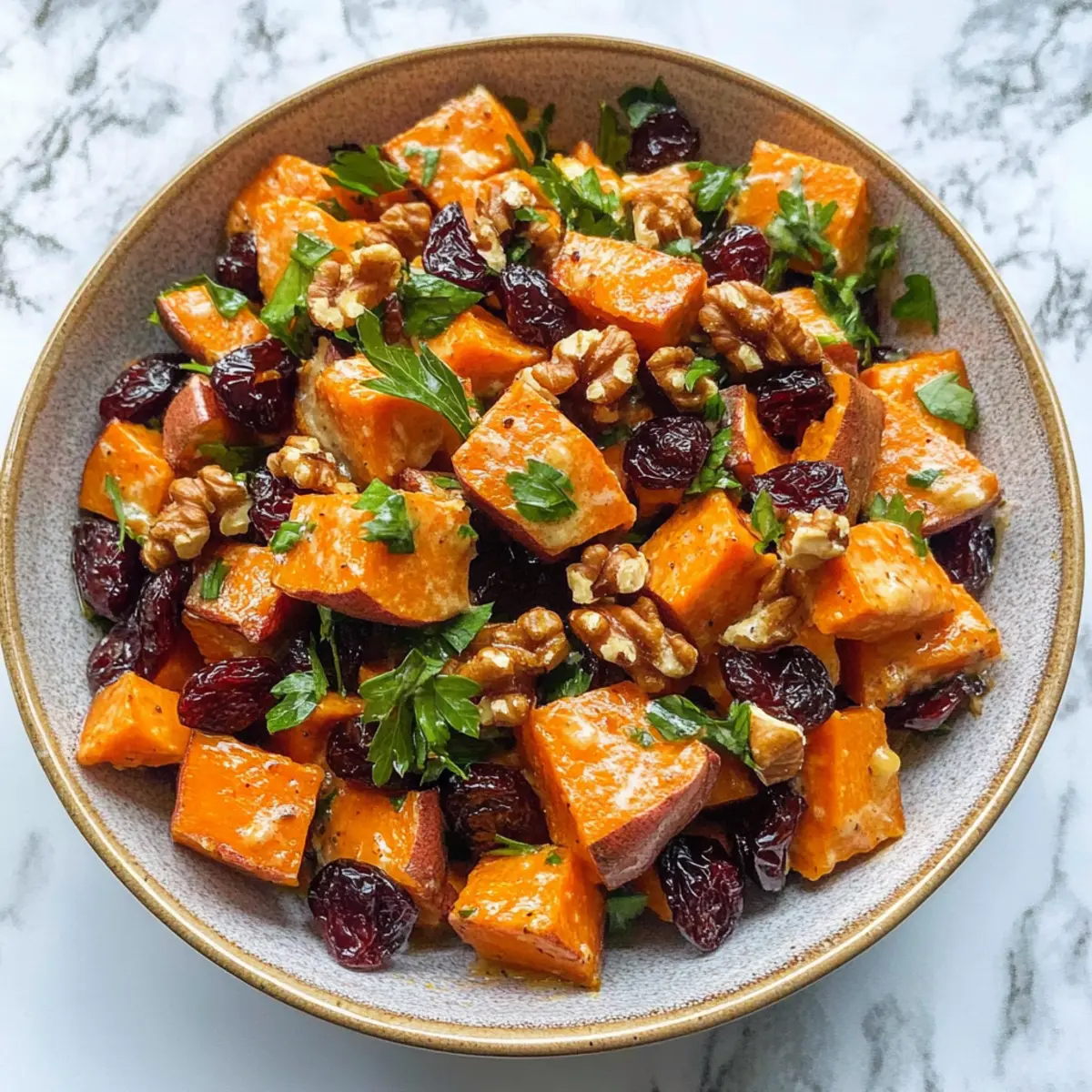 Süßkartoffelsalat mit Walnüssen und Kirschen