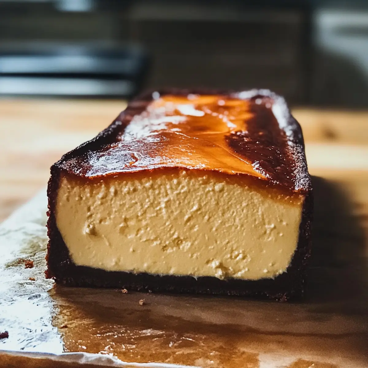 Gebrannte baskische Käsekuchen in einer Kastenform