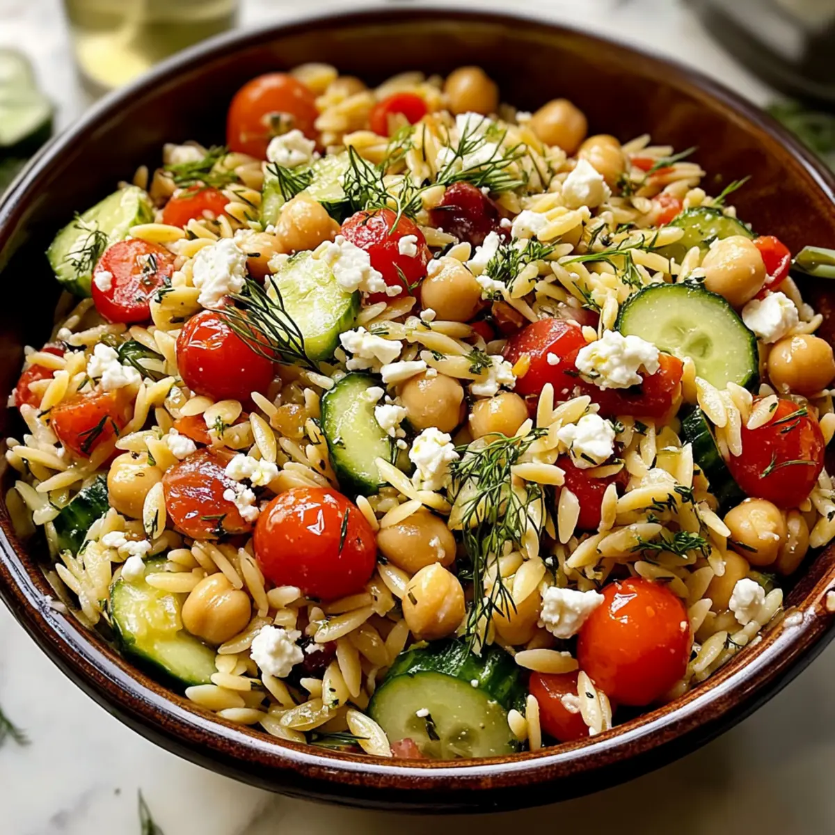 Griechischer Orzo-Salat mit Feta und Kichererbsen