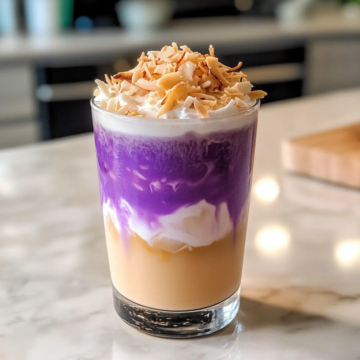 Eiskalter Ube Kokosnuss Macchiato für Zuhause