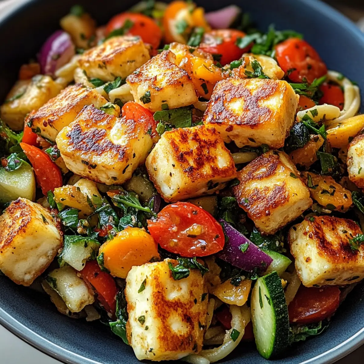 Knackiger Kritharaki-Salat mit Halloumi-Croutons