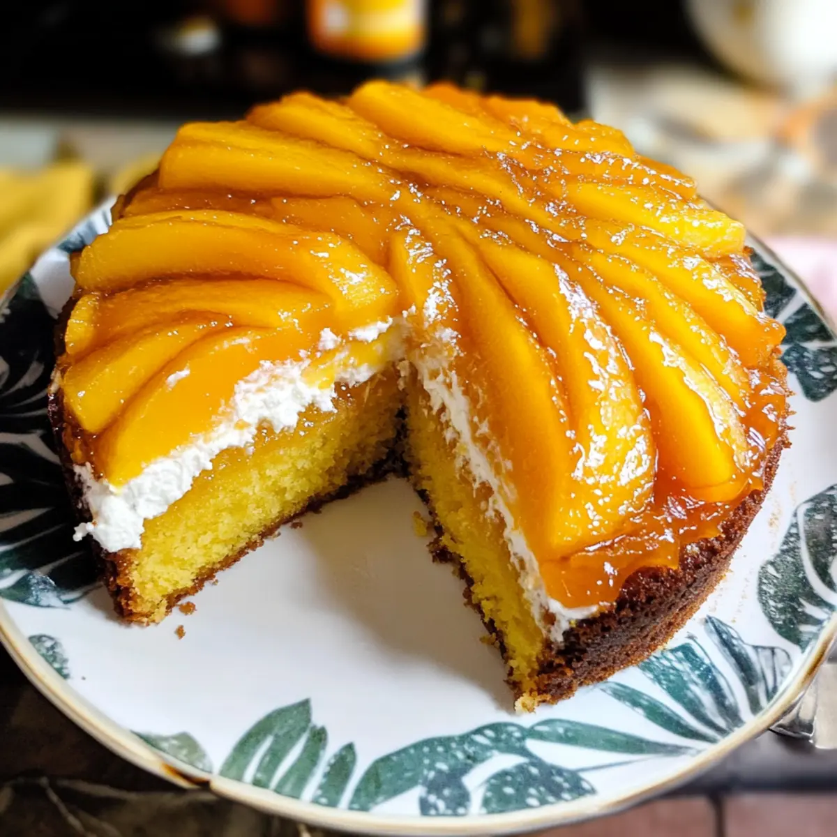 Mango umgekehrter Kuchen mit Kokoscreme
