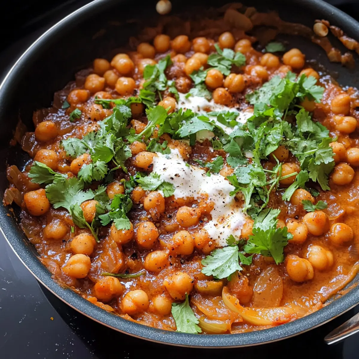 Ein-Pfannen-Harissa-Kichererbsen mit karamellisierten Zwiebeln