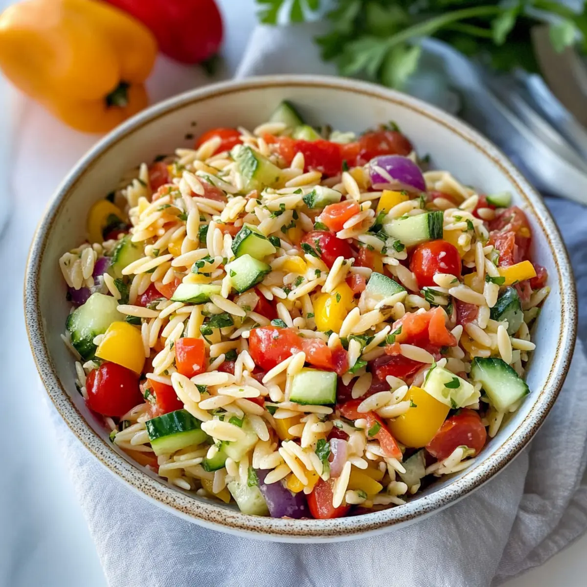 Regenbogen Orzo Salat - Frisch und bunt geniessen