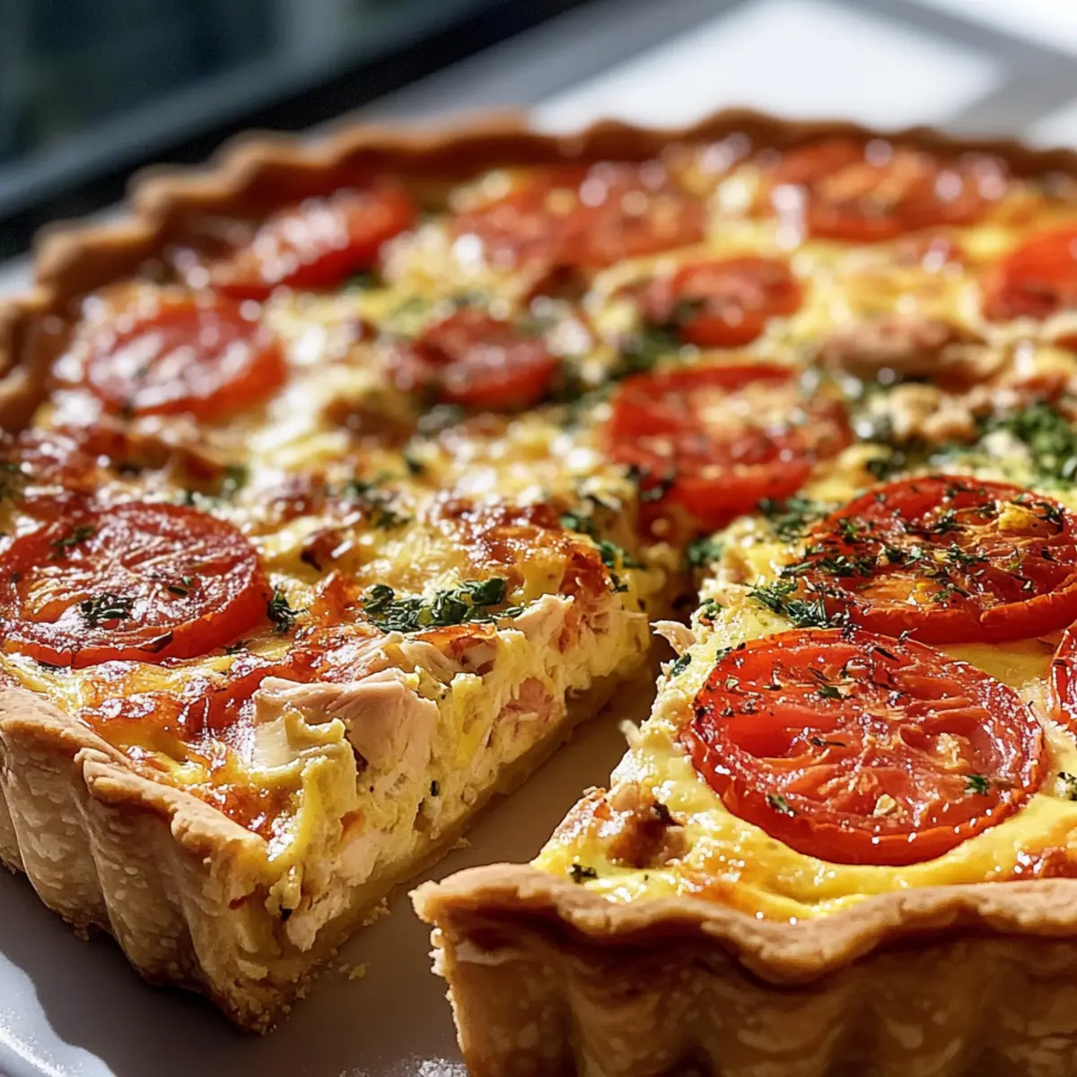 Hähnchen Tomaten Quiche mit knusprigem Boden