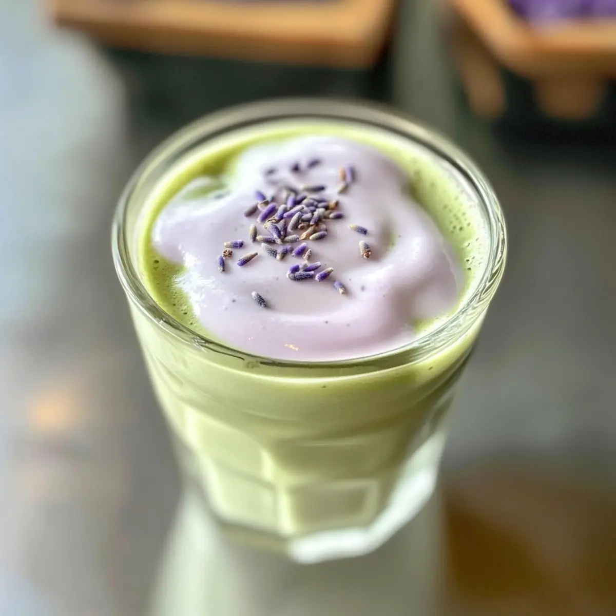 Eis-Matcha mit Lavendel-Kalt-Schaum für den Sommer