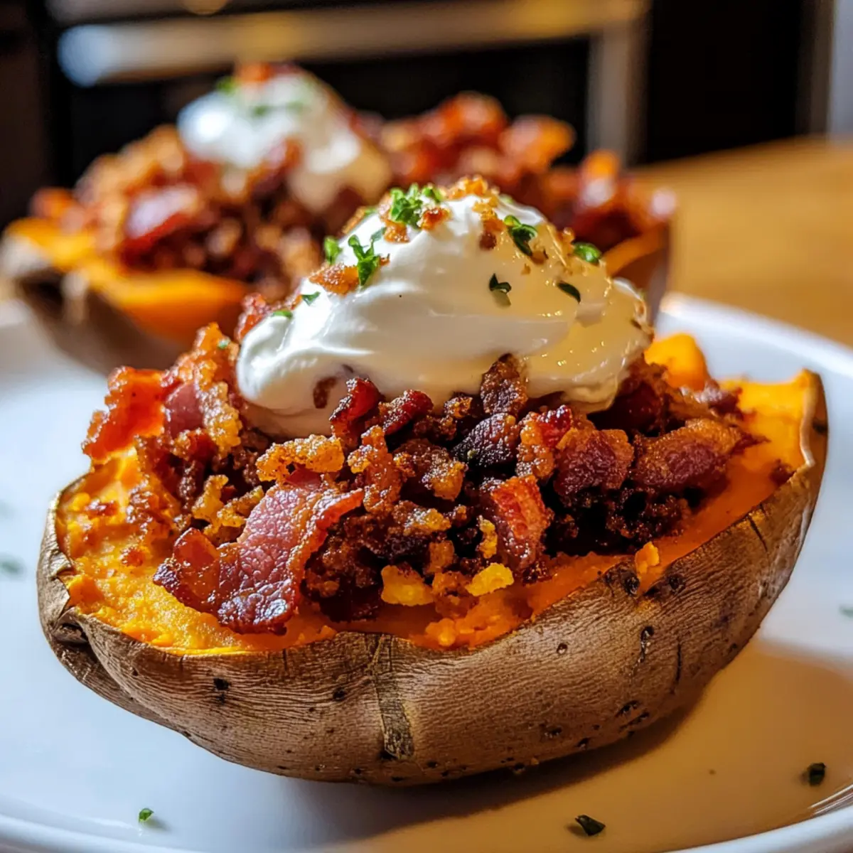 Gefüllte Süßkartoffeln mit Rinderbacon und Sauerrahm