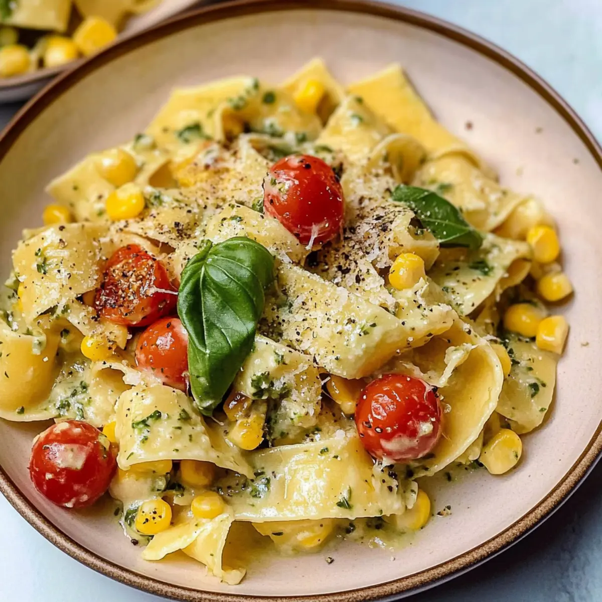 Pappardelle-Pasta mit cremiger Mais-Basilikum-Sauce