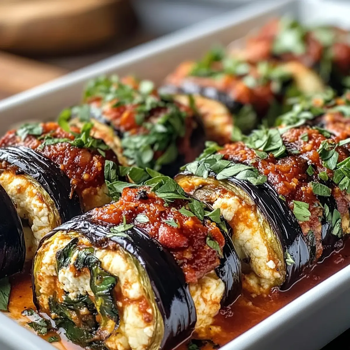 Auberginen-Ricotta-Rollen mit Kräutern und Tomatensauce