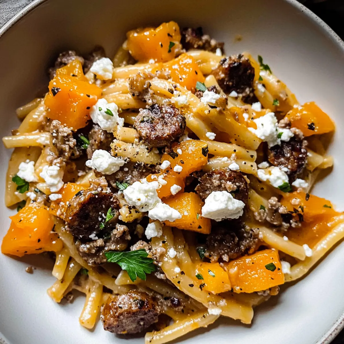 Butternut-Kürbis-Wurst-Pasta für schnelle Genussmomente