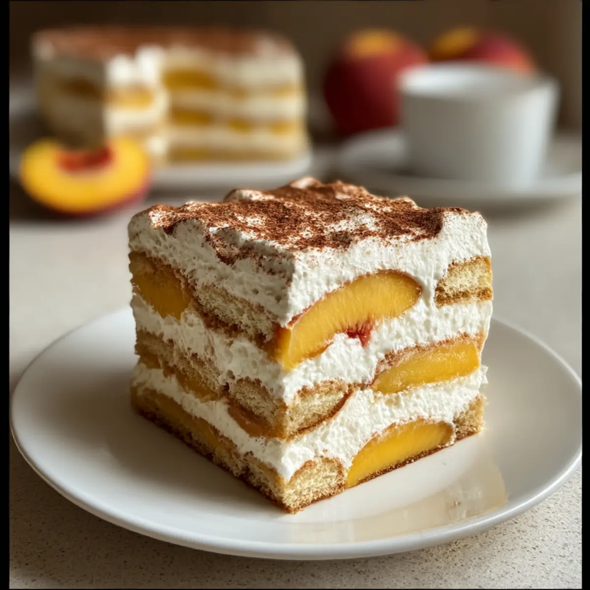 Pfirsich und Sahne Sommer Tiramisu Rezept für heiße Tage